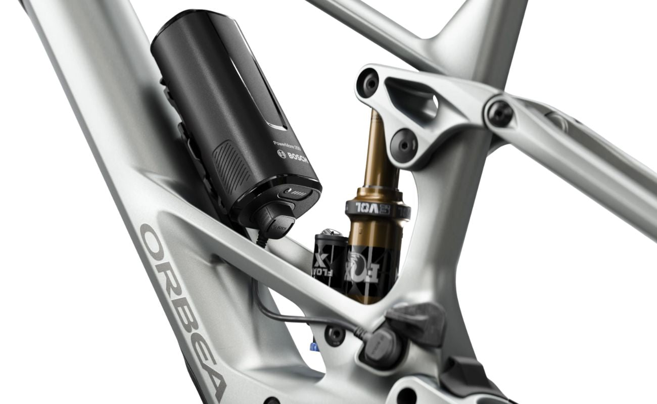 Orbea Wild TR M10 Fox Float X shock and Bosch PowerMore mount detail