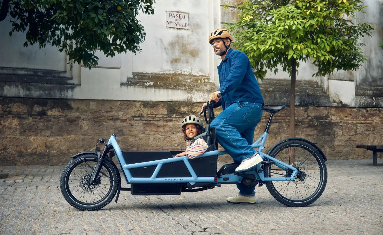 Riese & Müller Load5 75 Vario Arctic cargo E-Bike carrying child
