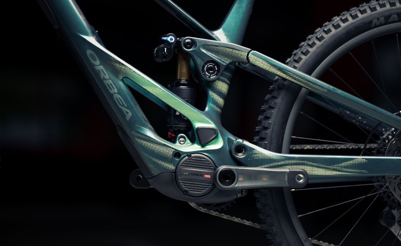 Close-up of the Orbea Wild LT frame and DJI Avinox M2S motor system integrated into the carbon eMTB chassis.