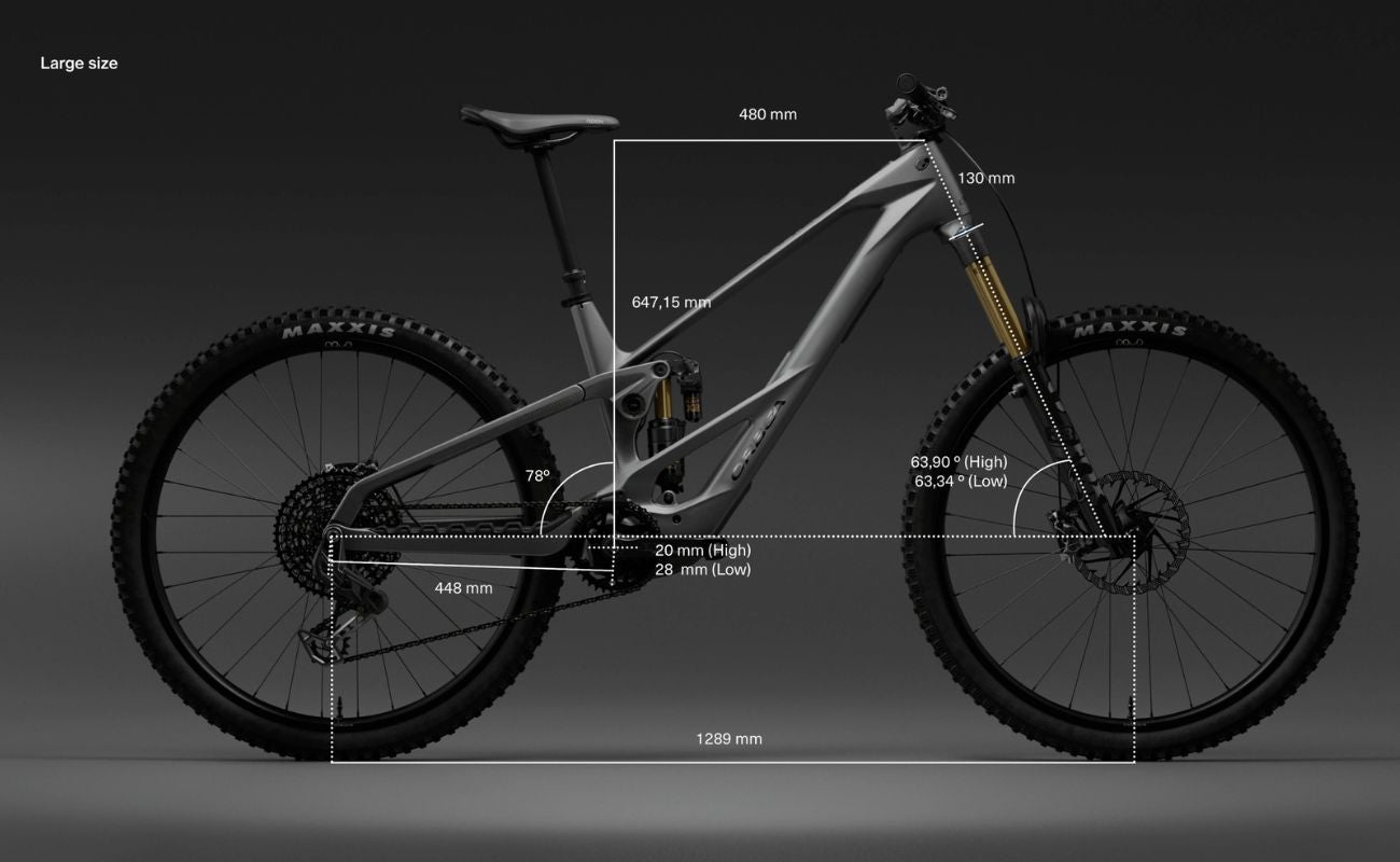 Orbea Wild LT H-Team eMTB Titan Grey showing ebike dimensions in milimeters. 
