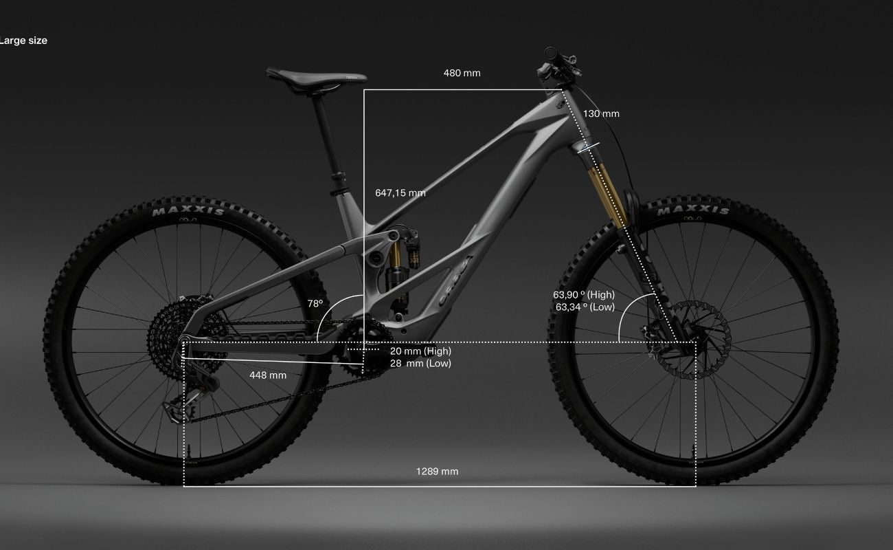 2027 Orbea Wild LT geometry chart showing frame dimensions, reach, wheelbase and adjustable head angle specifications.