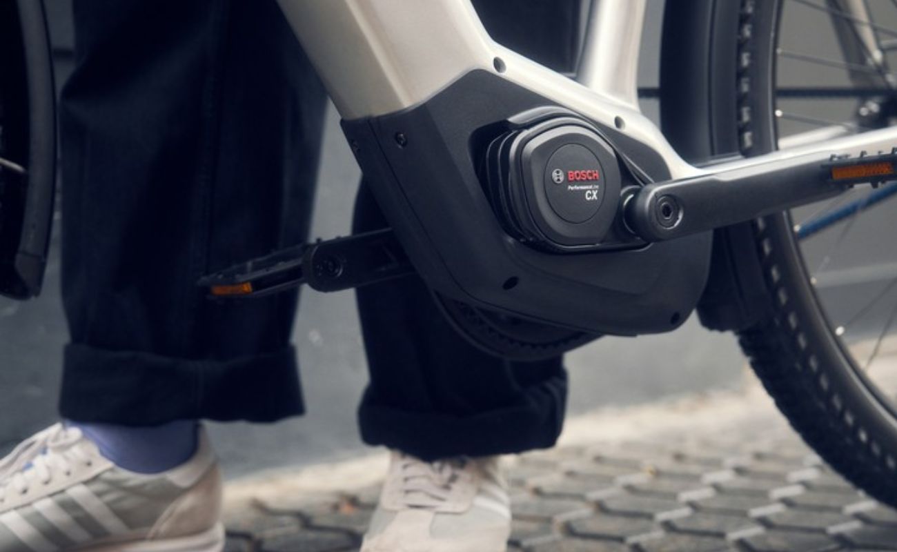 Close-up of Bosch Performance Line CX mid-drive motor on a Riese & Müller electric bike