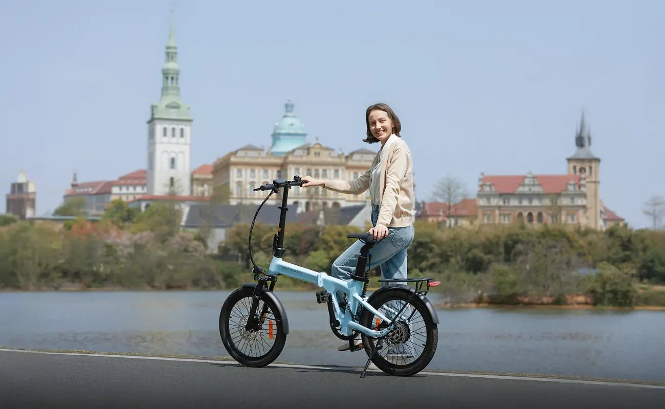 ADO Air 20 Pro Folding EBike, Blue in a city backdrop | Electric Bikes Brisbane