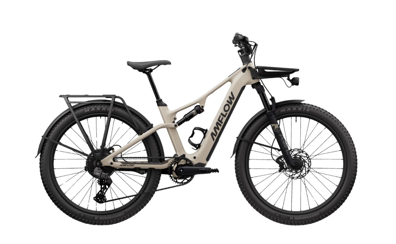 Amflow TL Carbon Silica Beige with front rack electric bike Brisbane