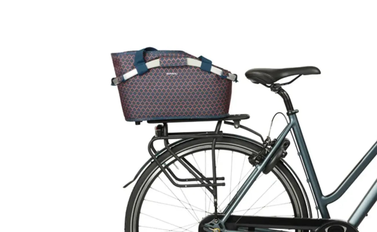 BASIL FLAIR CARRY ALL REAR BASKET MIK 22L NAVY installed in a bike rack | Electric Bikes Brisbane