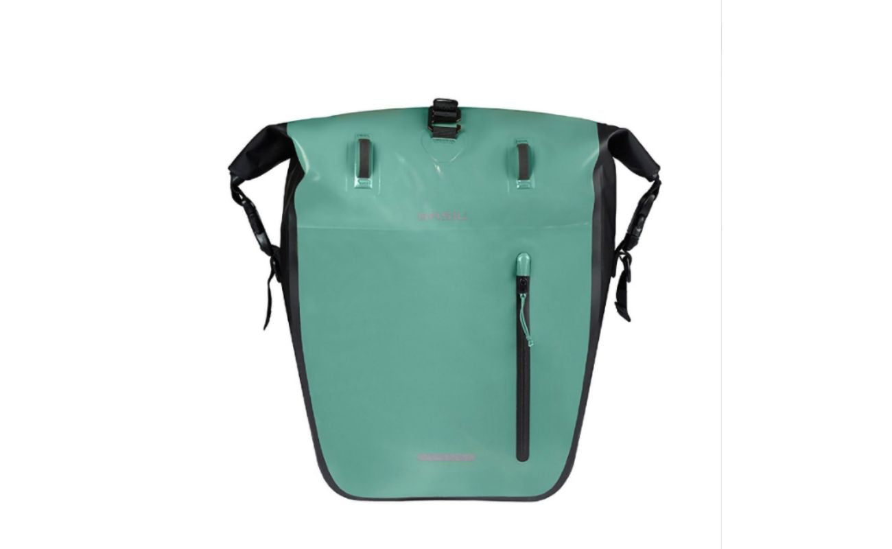 Basil Rivo L waterproof single bike pannier in green with roll-top closure