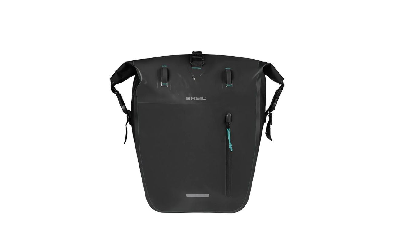 Basil Rivo L Single Pannier black front view with roll-top closure
