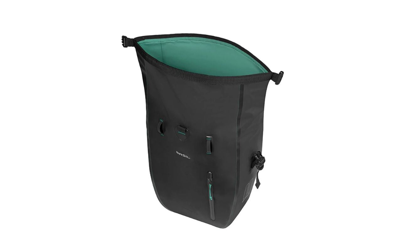 1. Basil Rivo L 25–31L bike pannier open showing spacious interior