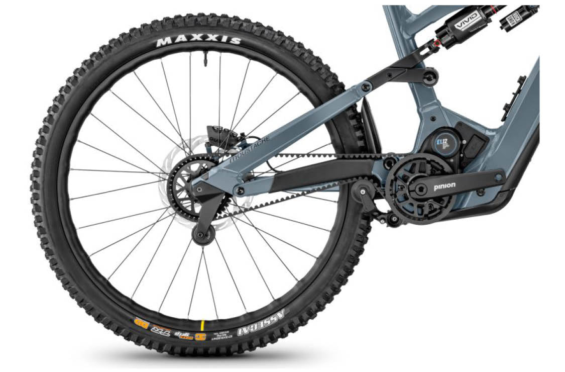 Close-up of rear of Clutch 160.9 electric mountain bike with Pinion PGU motor and belt drive | Electric Bikes Brisbane