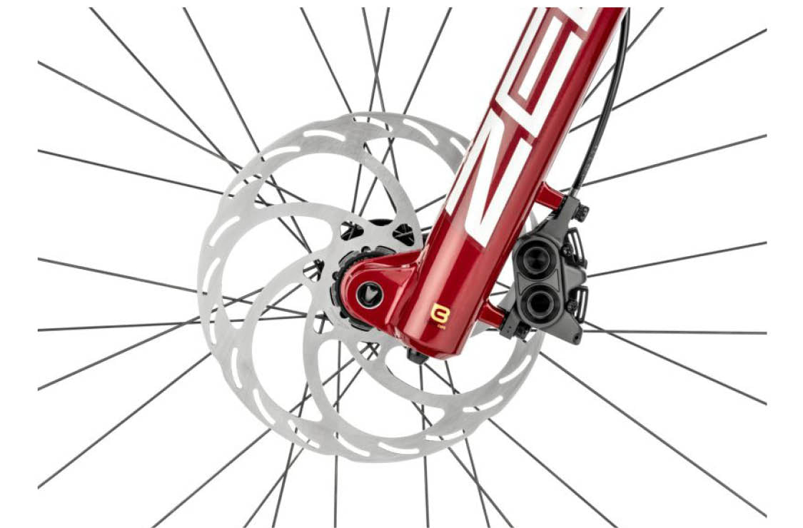 Close-up of bottom of Rockshox ZEB Ultimate forks with Magura Gustav Pro brakes and brake rotor | Electric Bikes Brisbane