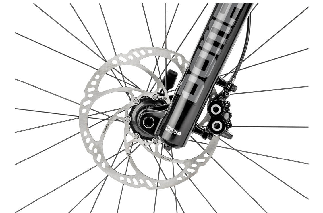 Close-up of bottom of Rockshox Domain R Debonair forks with Magura MT5 brakes and 203mm brake rotor | Electric Bikes Brisbane