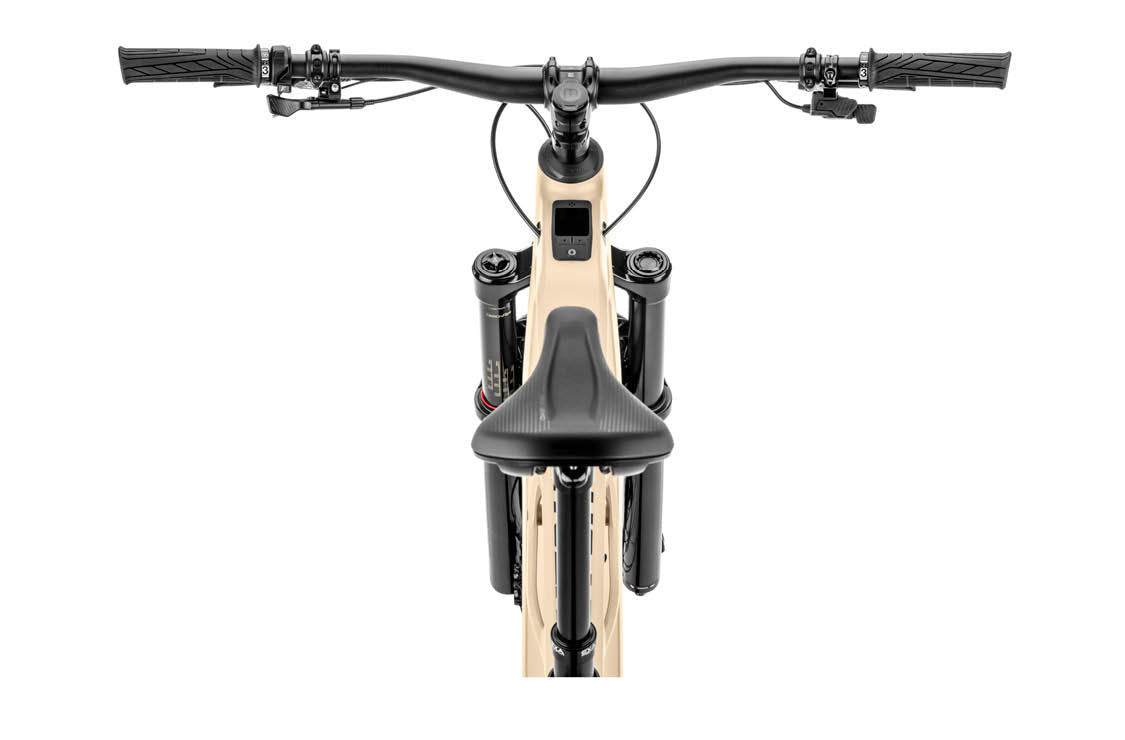 Close-up of cockpit on Moustache Clutch 160.7 eMTB 