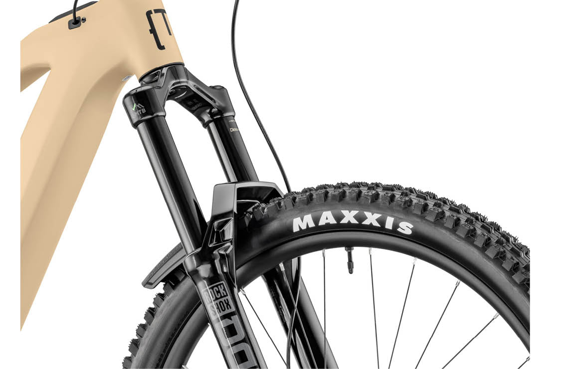 Close-up of Moustache Clutch 160.7 Rockshox Domain R Debonair forks with Maxxis front tire