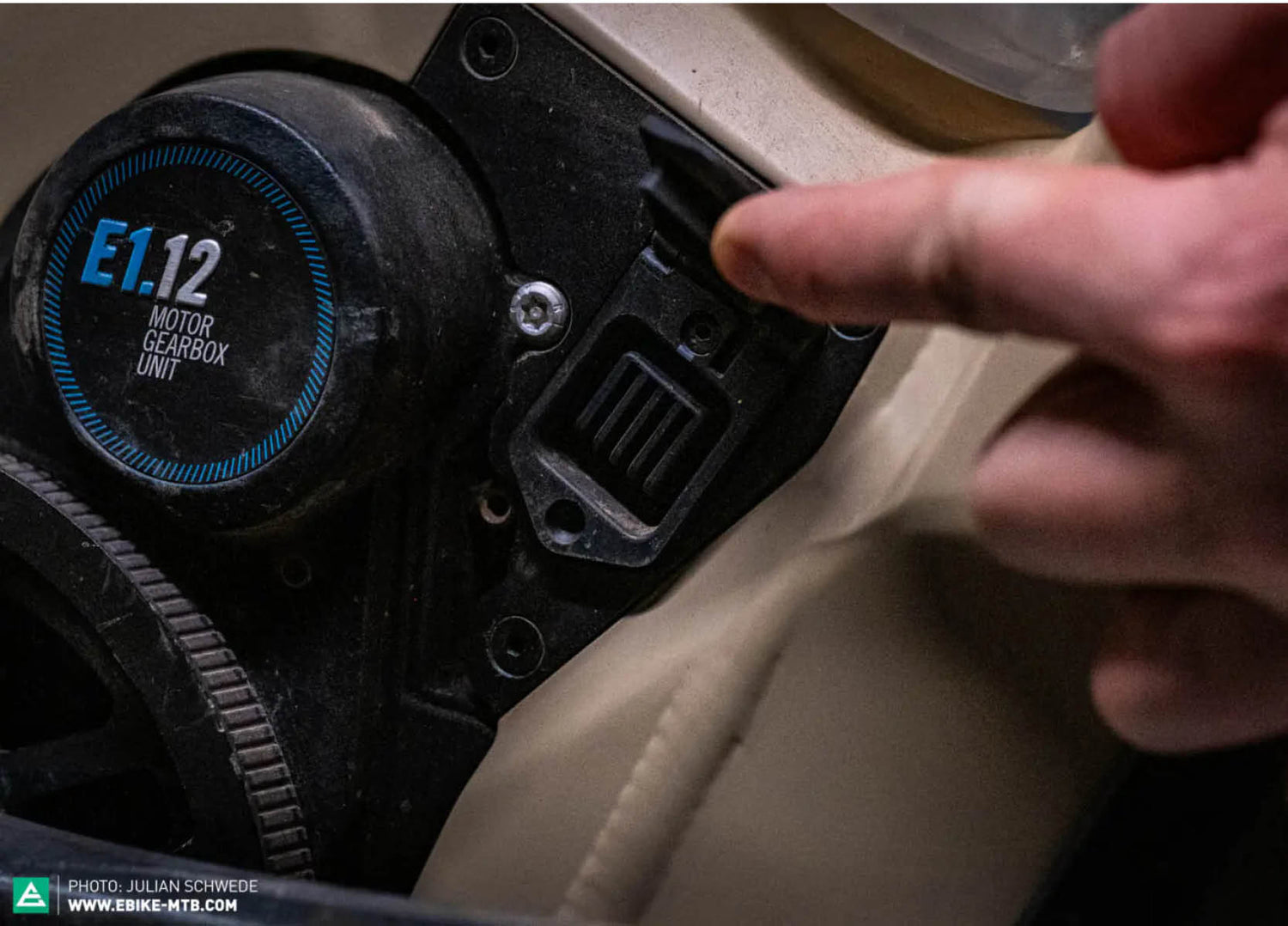 Close up of the Pinion 'Motor Gearbox Unit' on a Moustache Clutch electric mountain bike