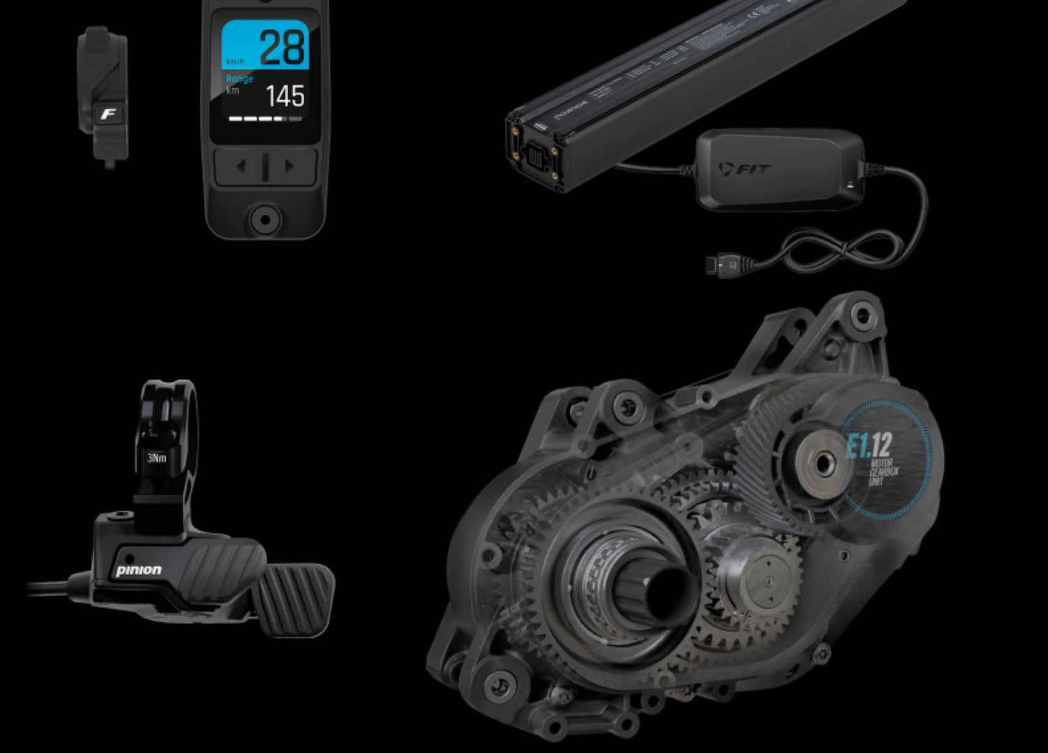 Pinion MGU electronic components including digital display, battery, charger, shifter and motor gear unit 
