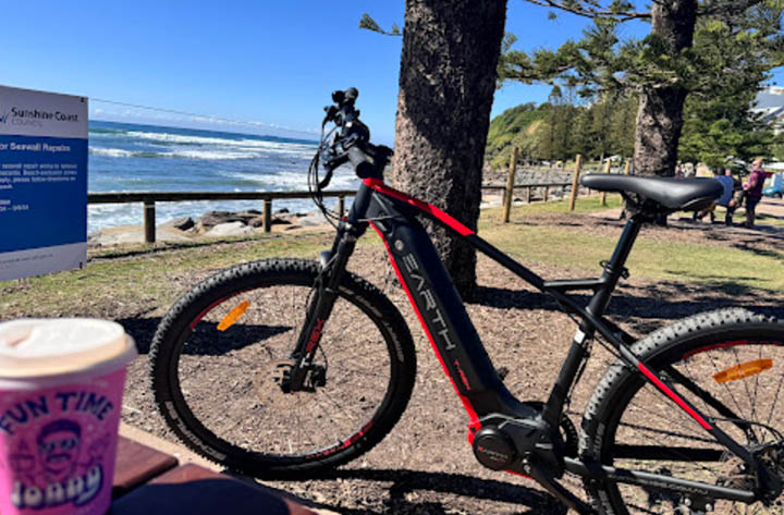 Earth T-Rex 29er at Dicky Beach, Electric Bikes Brisbane