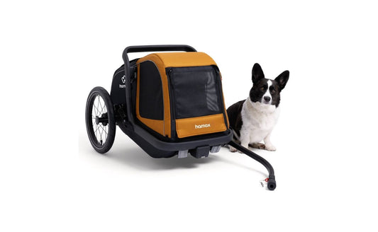 Orange and black Hamax Milou dog trailer with front mesh panel and bike arm, pictured beside a small black and white dog.