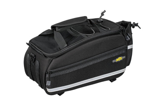 Black e-bike trunkbag with reflective strips and water bottle holder on a white background