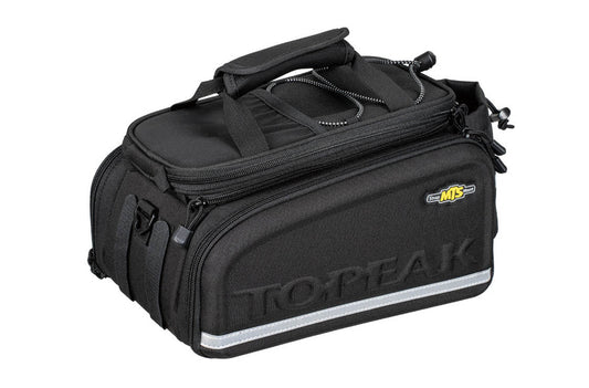 Black bicycle and ebike bag with 'Topeak' branding on a white background