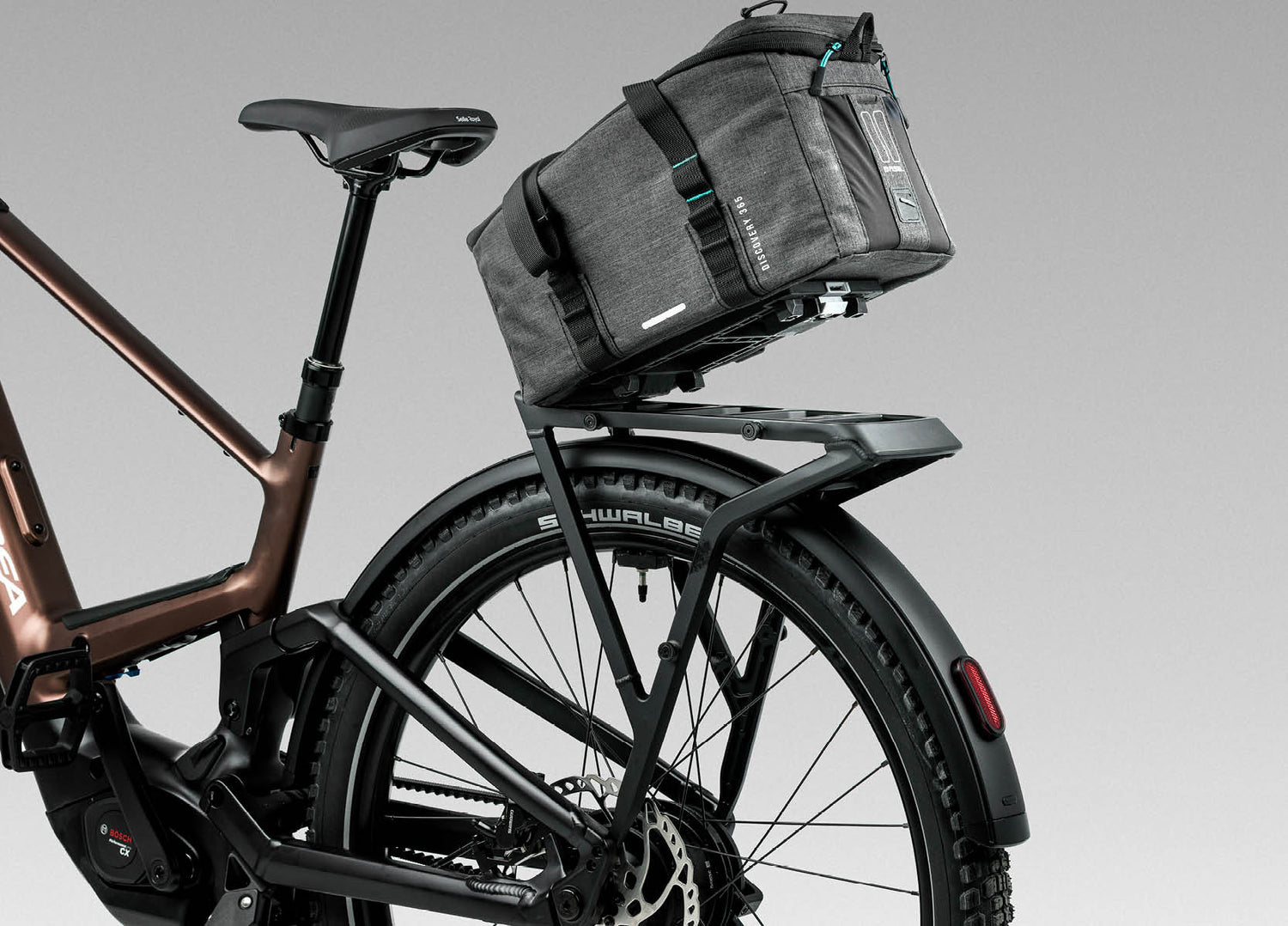 Orbea Muga electric bike MIK HD rear rack showing how to attach a compatible trunk bag