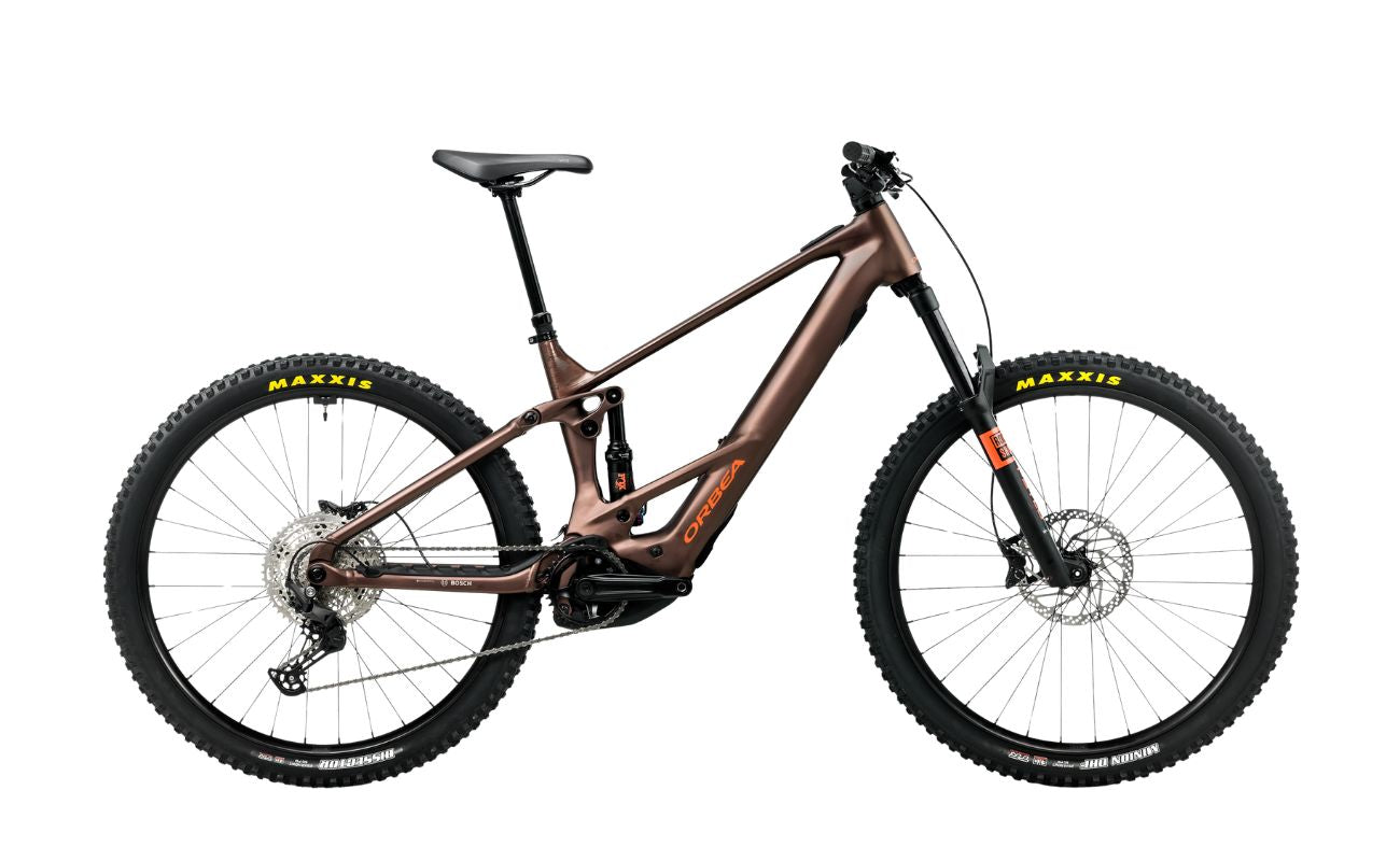 Orbea Wild TR H20 metallic rust alloy eMTB side view with 150mm RockShox suspension
