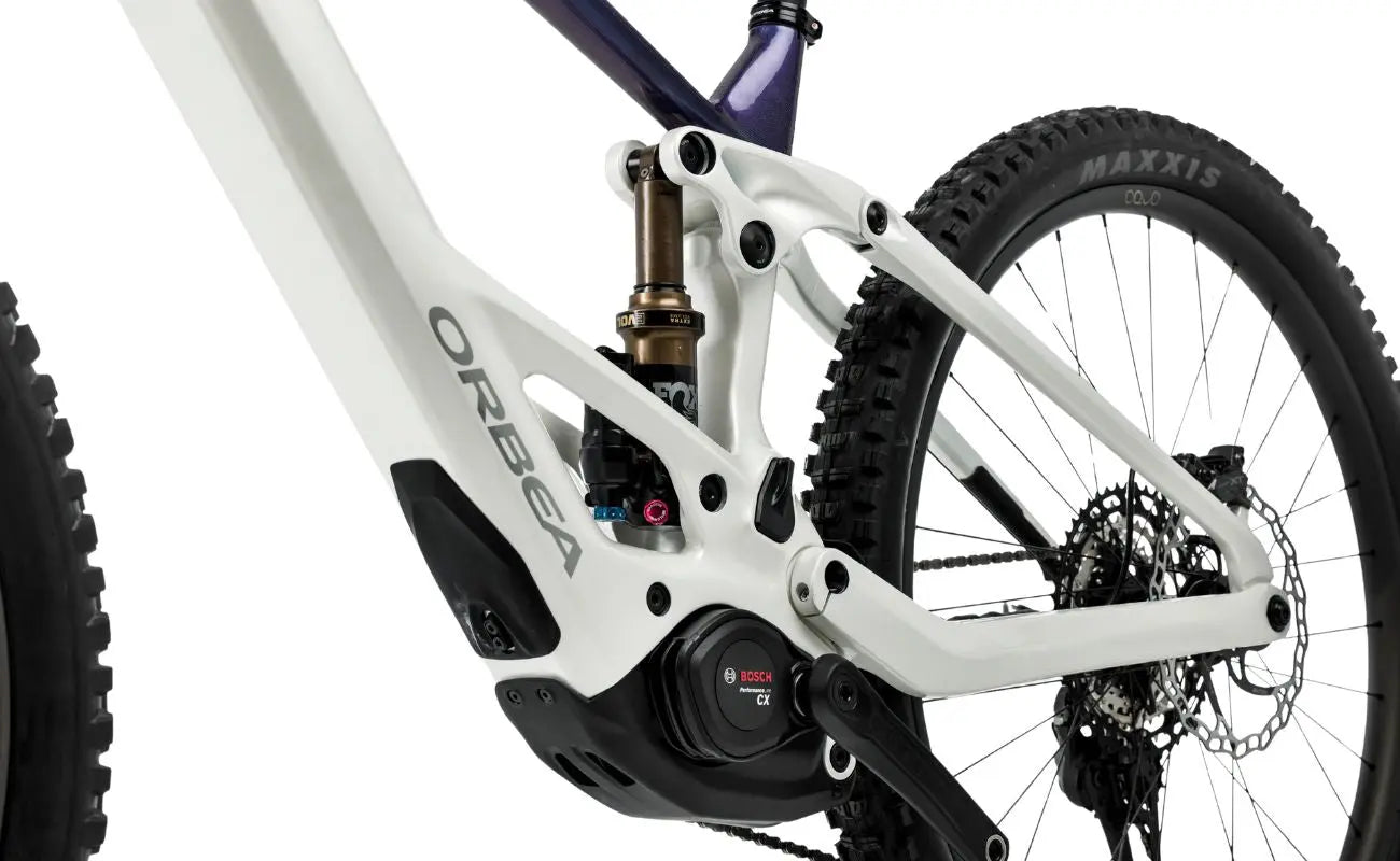 Orbea Wild TR M-Team Fox Float X Factory rear suspension and Bosch CX motor detail