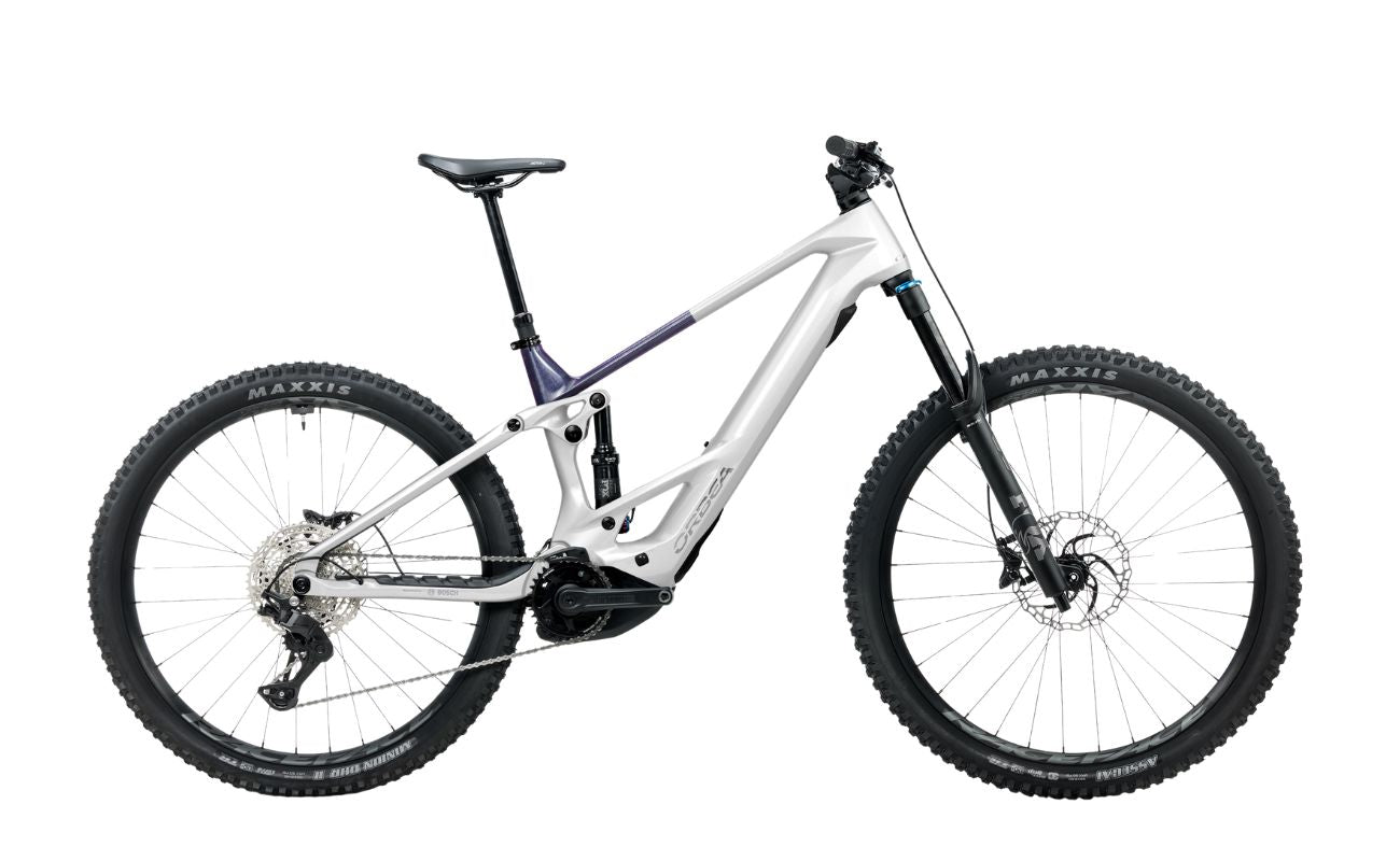 Orbea Wild TR M20 White Chic carbon eMTB side view with FOX 36 suspension