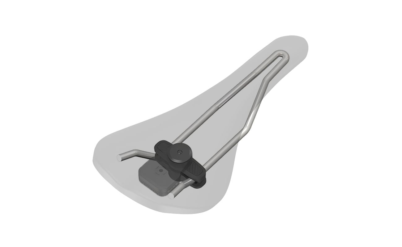 Underside illustration of the Quad Lock Saddle Rail Adaptor clamped across saddle rails, holding a Bike Alarm and Finder.