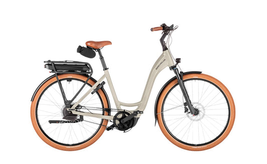 Riese & Müller Swing5 Automatic electric bike in Almond, side view showing Bosch motor and rear rack battery