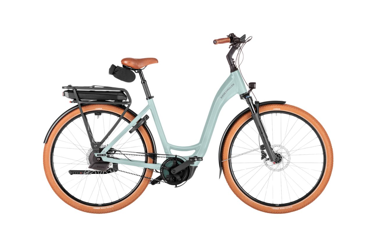 Riese & Müller Swing5 Automatic electric bike in Salvia, side view showing step-through frame and belt drive