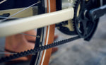 Close-up of the Gates belt drive and crankset on an Almond Riese & Müller Swing5 electric bike