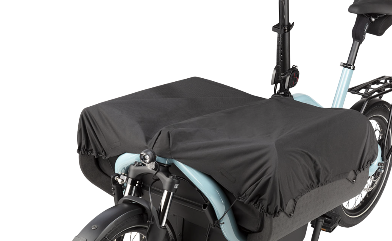 Black rain cover on the Riese & Muller Carrie2 electric bike fitted with Cargo Kit  | Electric Bikes Brisbane