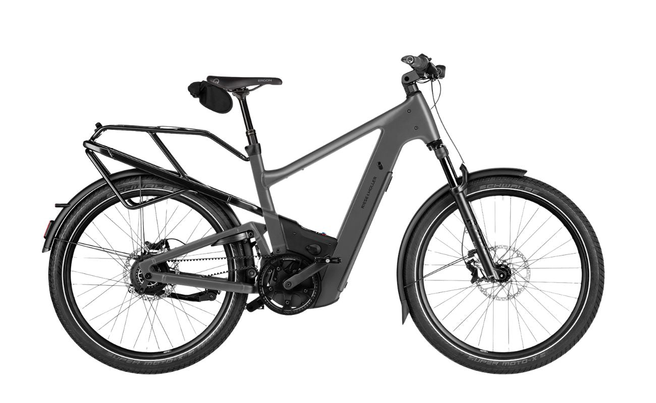 Riese & Müller Delite5 Rohloff Stone Grey full suspension eBike side view Brisbane