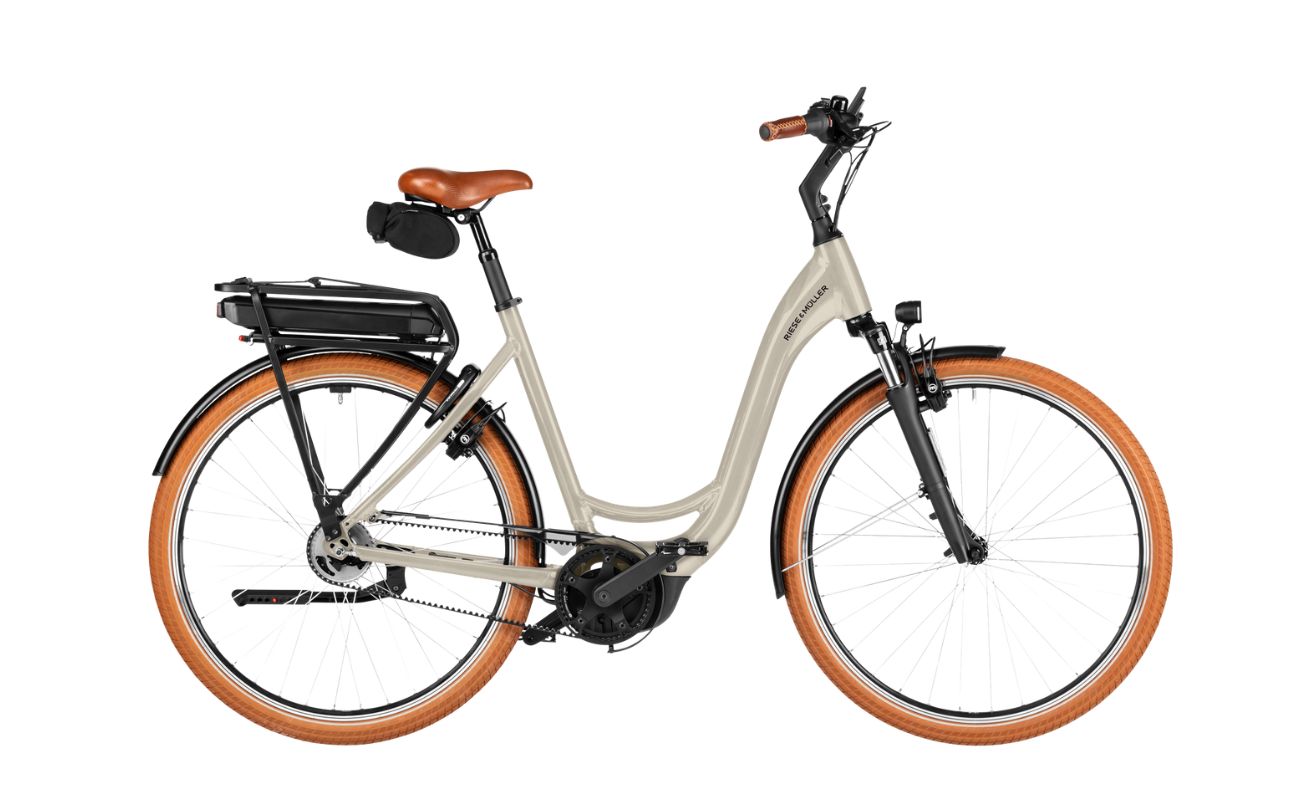 Riese & Müller Swing5 Silent Almond E-Bike 2027 side profile with Bosch motor and belt drive