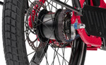 Close-up of the Tern HSD electric bike’s belt drive, rear hub and disc brake.