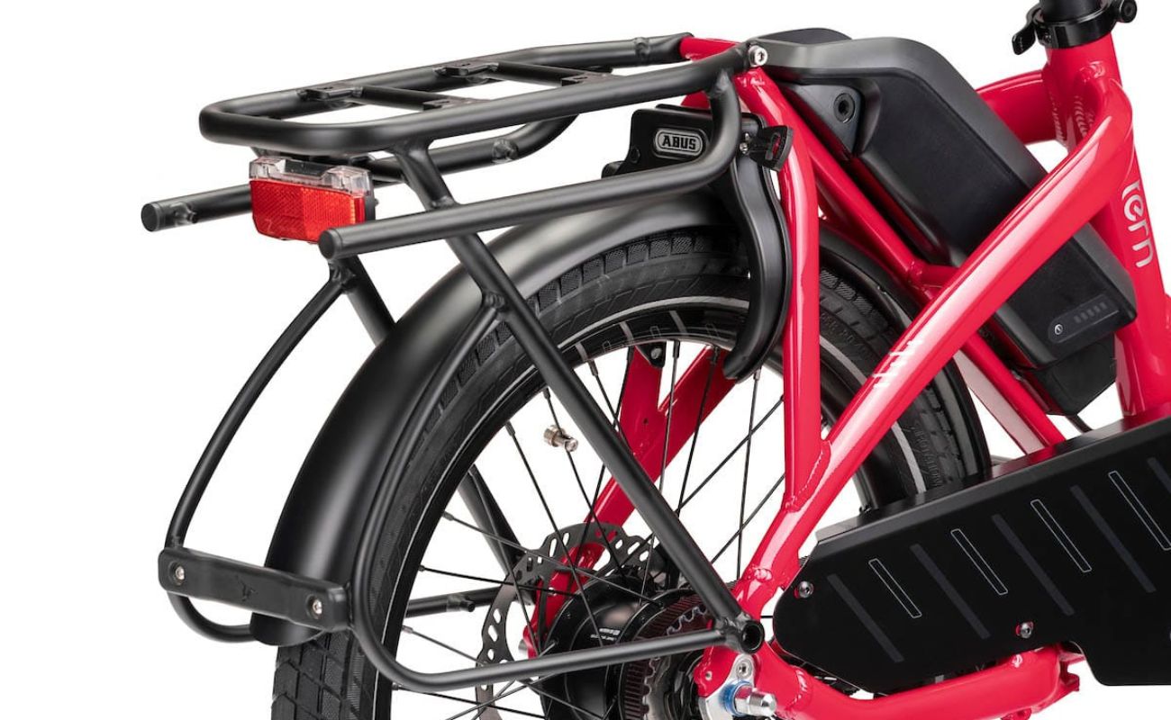 Bosch Performance Line mid-drive motor mounted in a red Tern HSD electric bike frame.