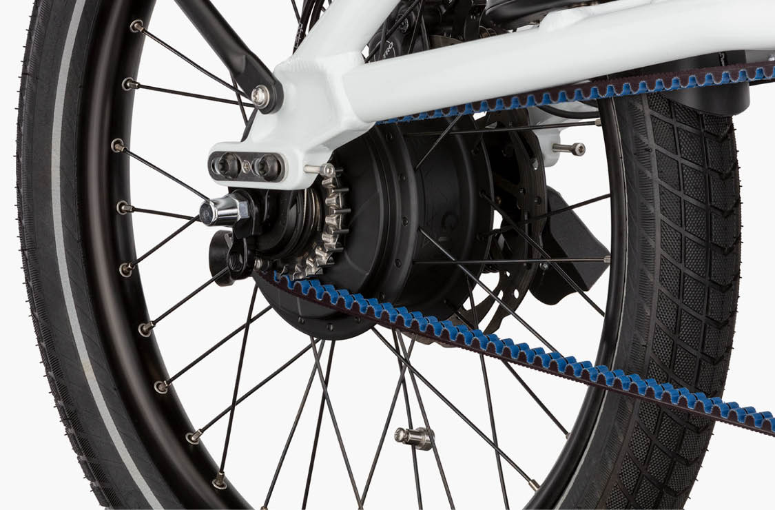 Close-up of a Rese & Muller Tinker2 Vario electric bike enviolo gear system with belt drive
