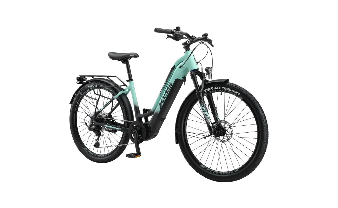 XDS Advance 600 Step-Thru E-Bike in Black/Green Front View | Electric Bikes Brisbane