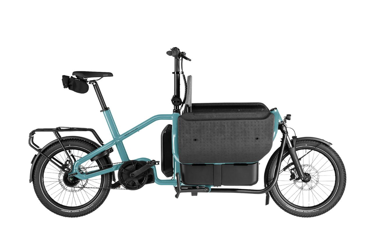 Riese & Müller Carrie2 FAMILY Aqua electric cargo bike side view with front cargo box and rear rack, Brisbane
