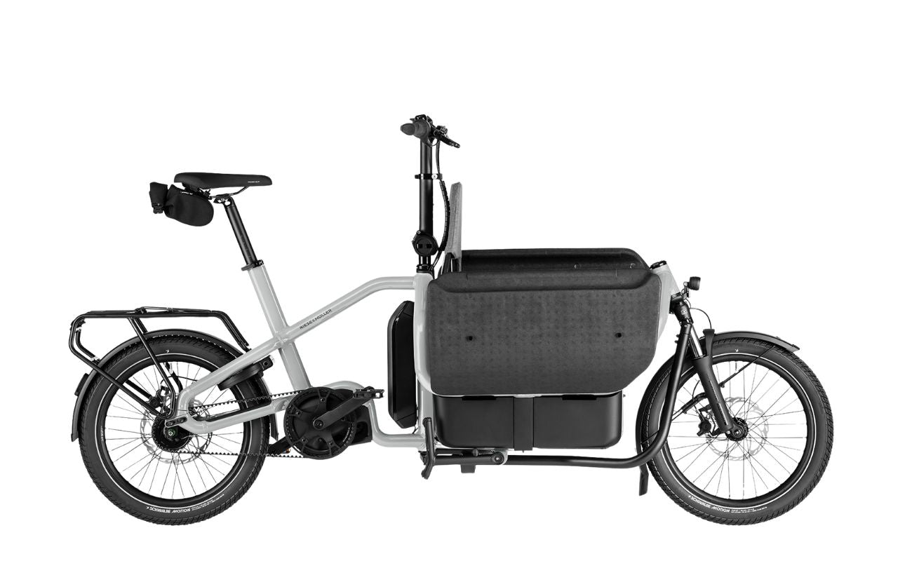Riese & Müller Carrie2 FAMILY Shadow electric cargo bike side view with front cargo box and rear rack, Brisbane